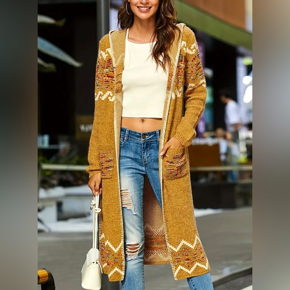 Boho Long, Open-Front, Hooded Sweater Cardigan W/Pockets, Size XL (12), NWOT - Picture 2 of 16